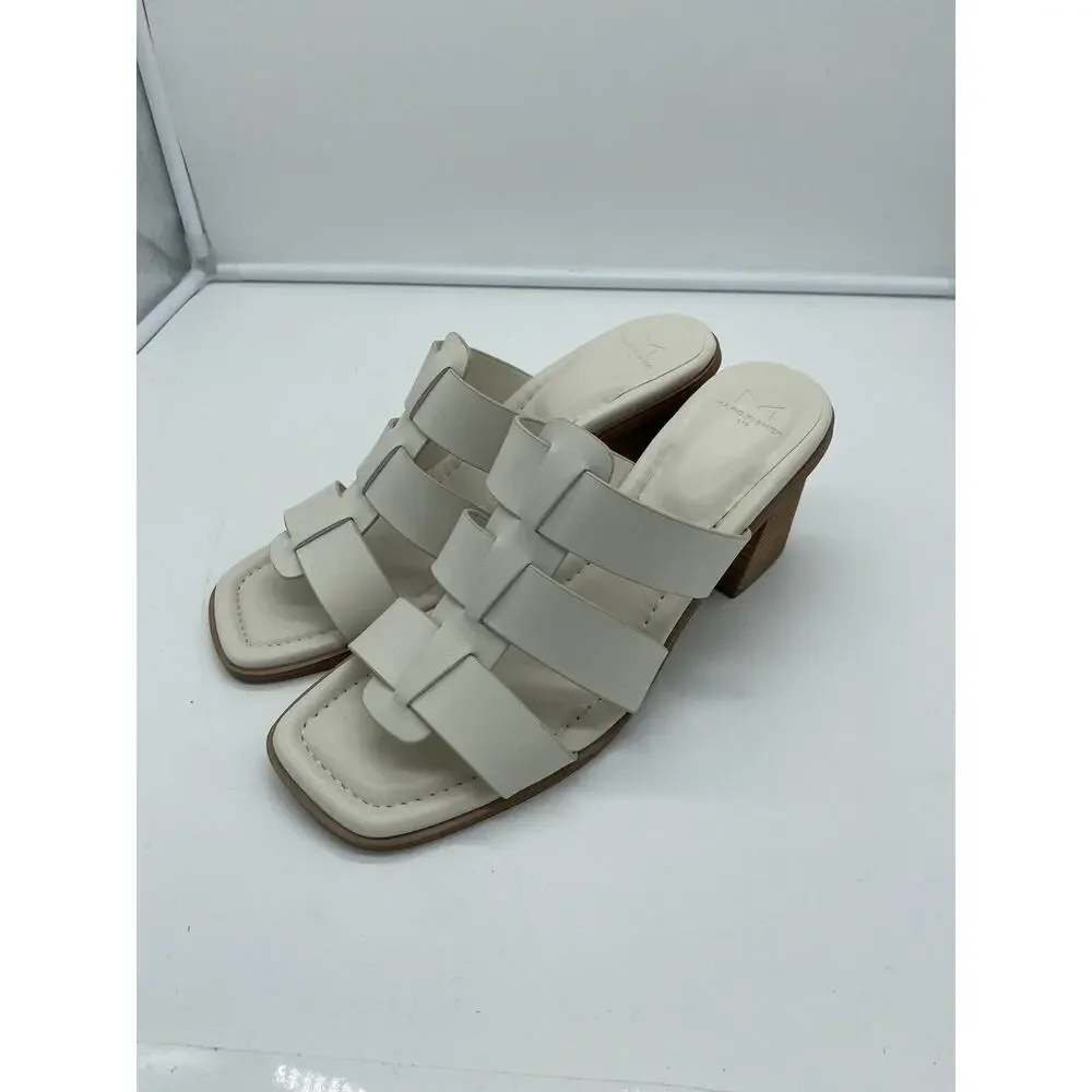 New Marc Fisher LTD Louisa Leather Block Heel Slip On Mules Woven Ivory Size 11M